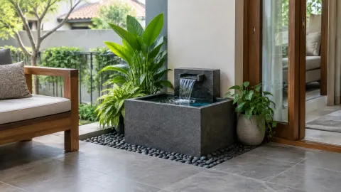 Air mancur kecil pada teras dengan tanaman di sekitarnya