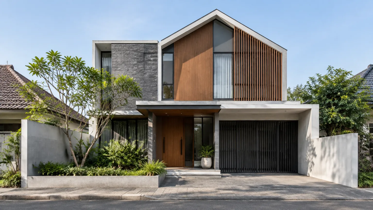 Fasad rumah dua lantai dengan kayu dan beton