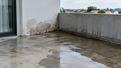 Genangan air dan noda pada lantai balkon dekat pagar