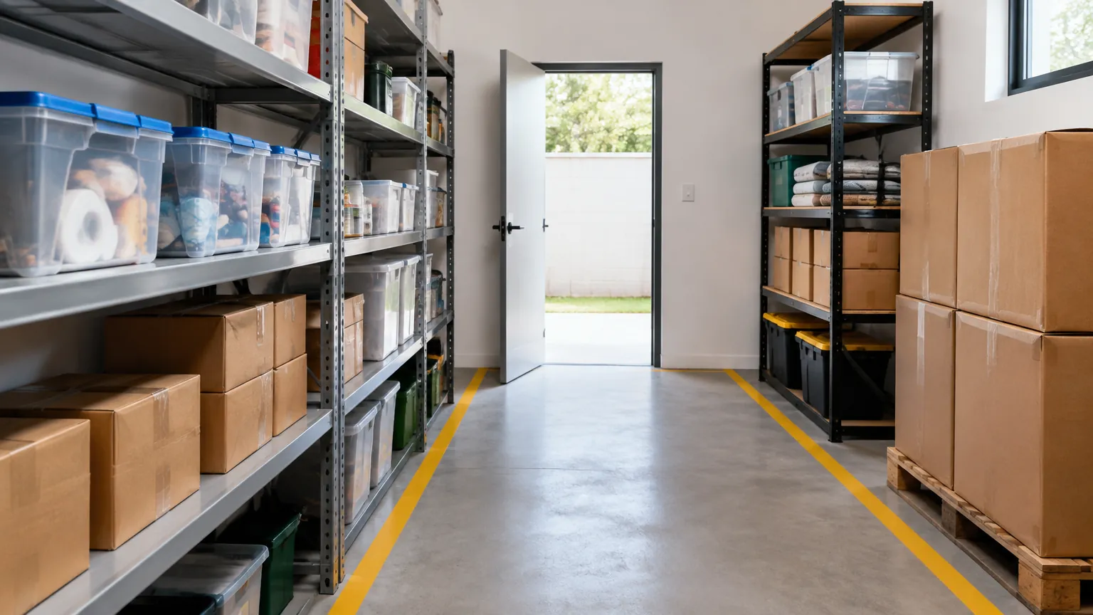 Lorong gudang dengan rak di kedua sisi