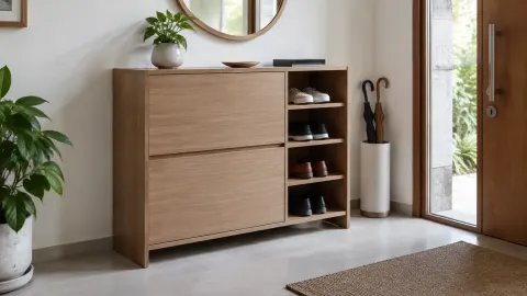 Kabinet sepatu kayu di foyer dekat pintu masuk