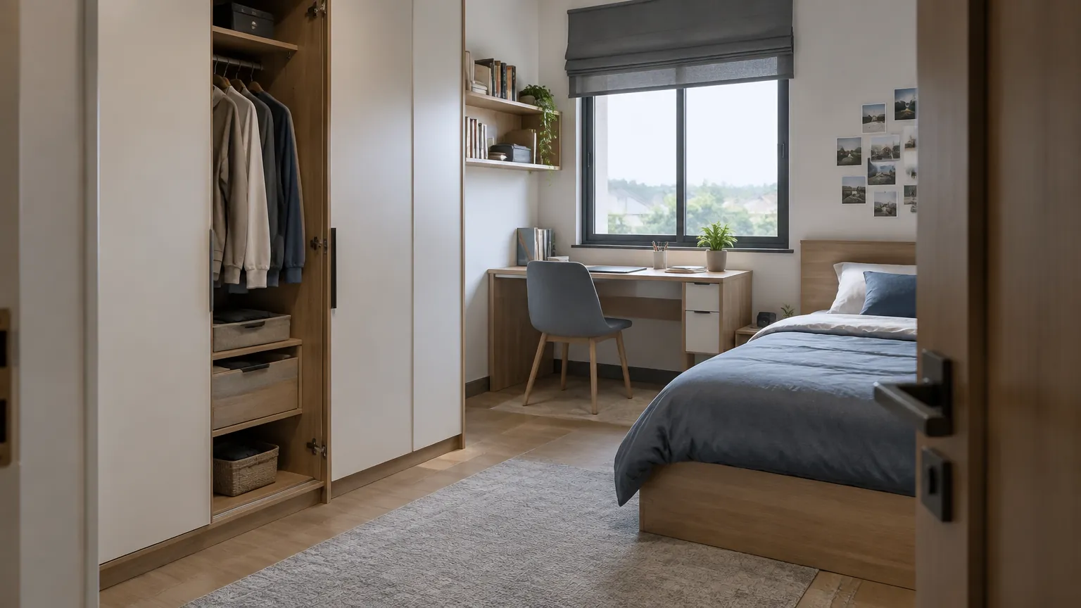 Kamar remaja dengan tempat tidur, lemari, dan meja kerja