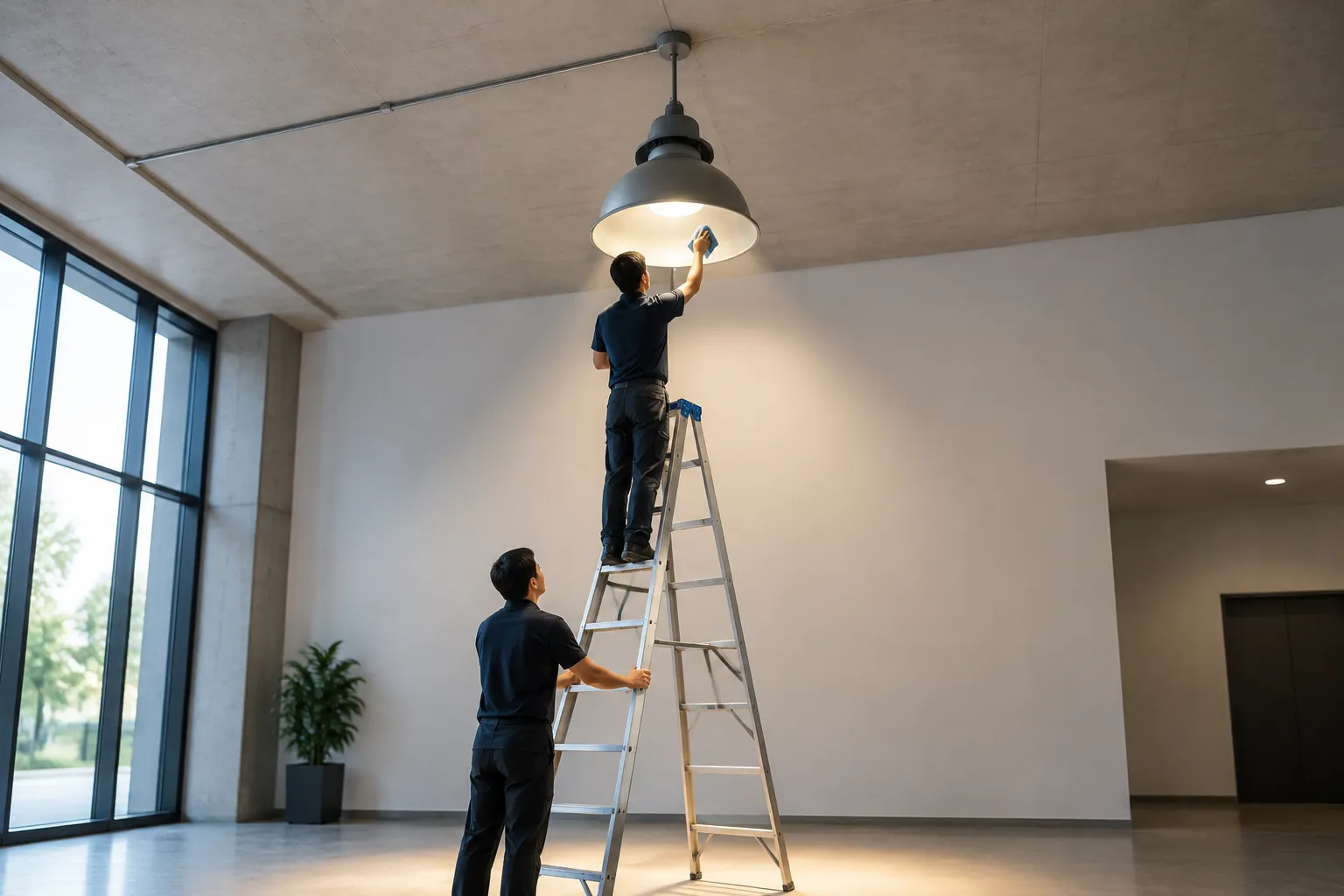 Teknisi memeriksa lampu plafon dari tangga