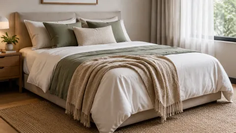Tempat tidur dengan lapisan kain dan bantal berwarna netral