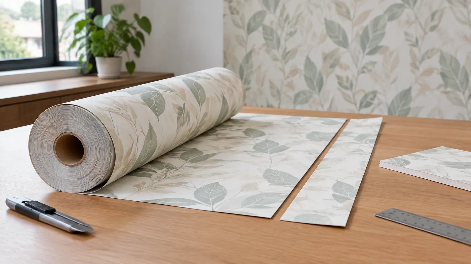 Gulungan wallpaper motif daun dan alat potong