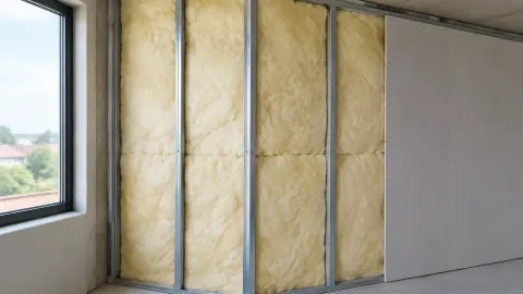Material isolasi tampak di antara rangka dinding yang belum ditutup