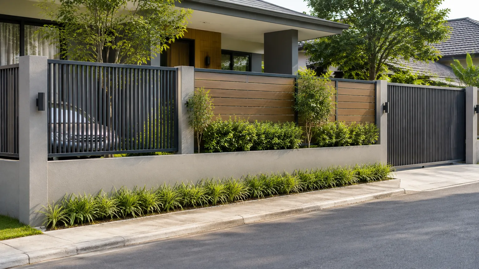 Pagar depan rumah dengan panel besi dan kayu