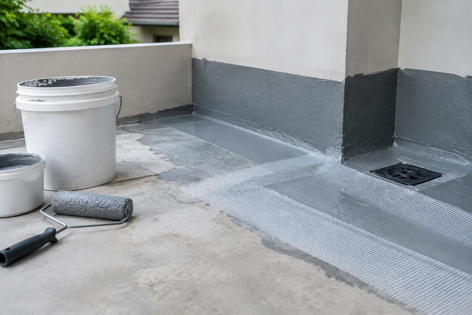 Lapisan waterproofing bertemu dinding, lantai, dan saluran air teras
