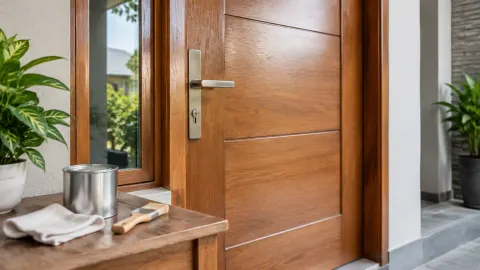 Pintu kayu dengan kain pembersih dan bahan finishing