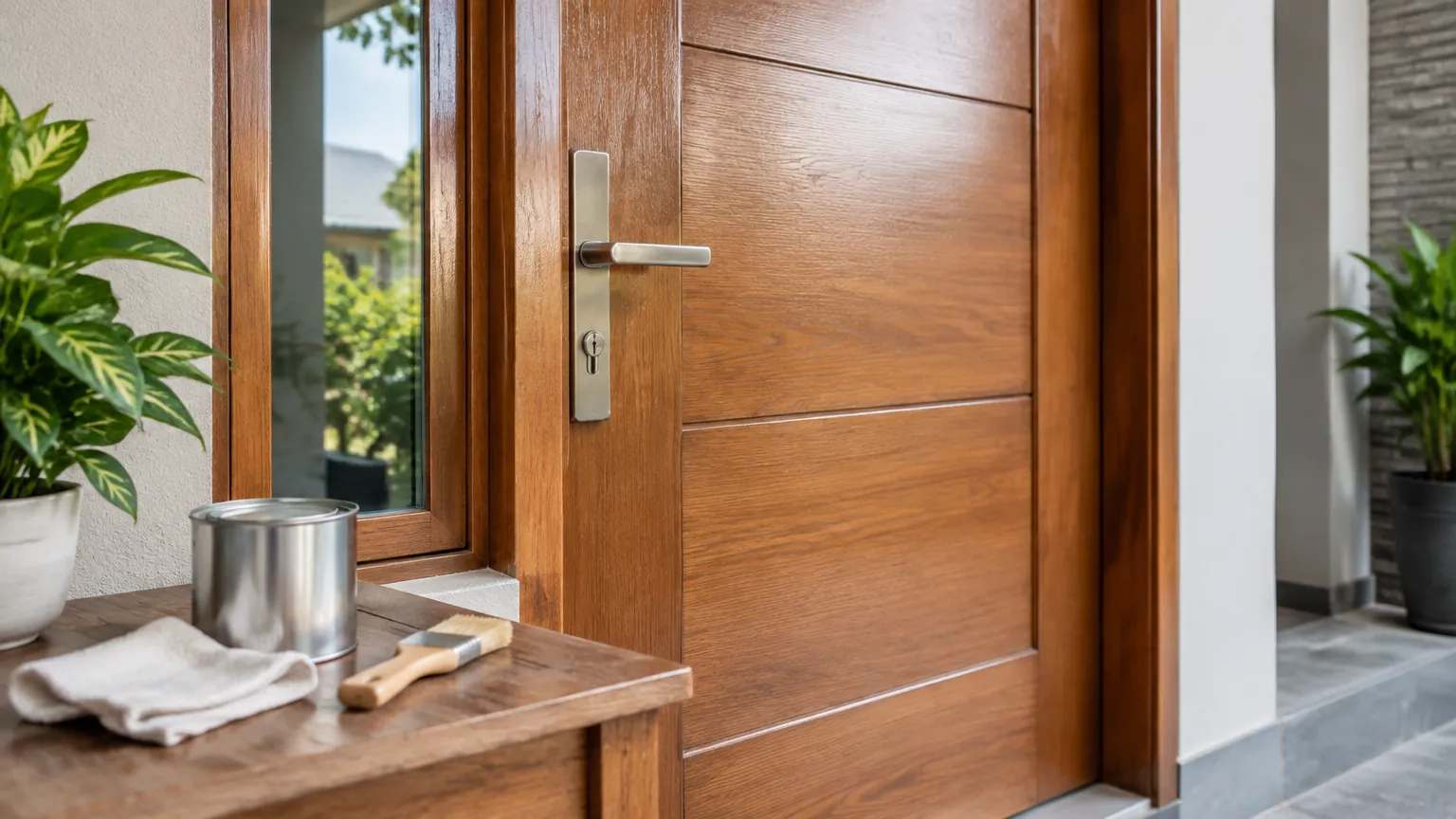 Pintu kayu dengan kain pembersih dan bahan finishing