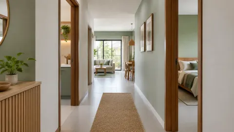 Lorong rumah terang menghubungkan beberapa kamar