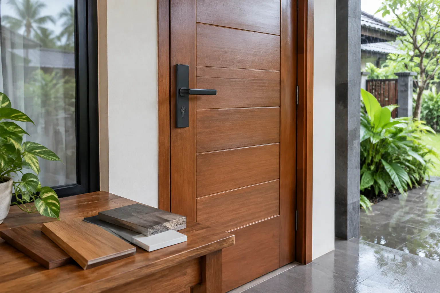Sampel papan bahan diletakkan di samping pintu kayu