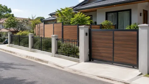Pagar logam dan kayu di depan rumah dekat jalan