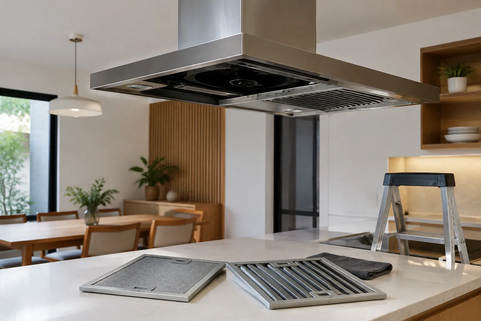 Filter penghisap dapur dilepas untuk diperiksa di atas meja kerja