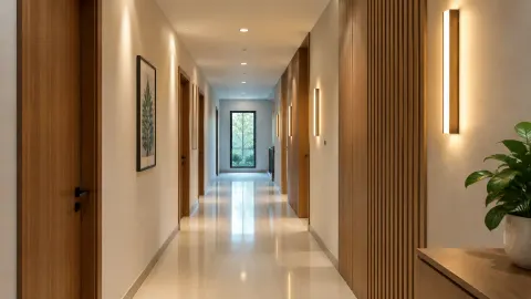 Lorong dengan lampu dinding dan plafon bernuansa hangat