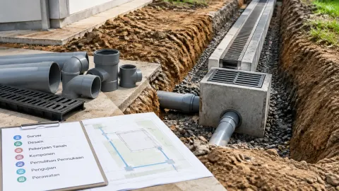 Pekerjaan saluran drainase di dalam galian