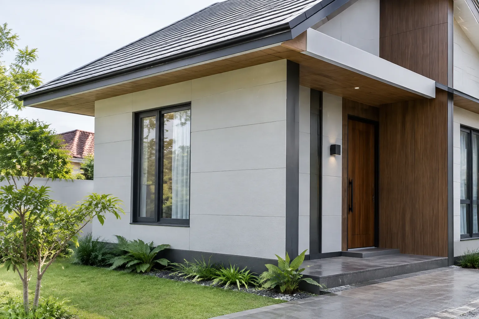 Pelapis eksterior berwarna terang menutup dinding depan rumah