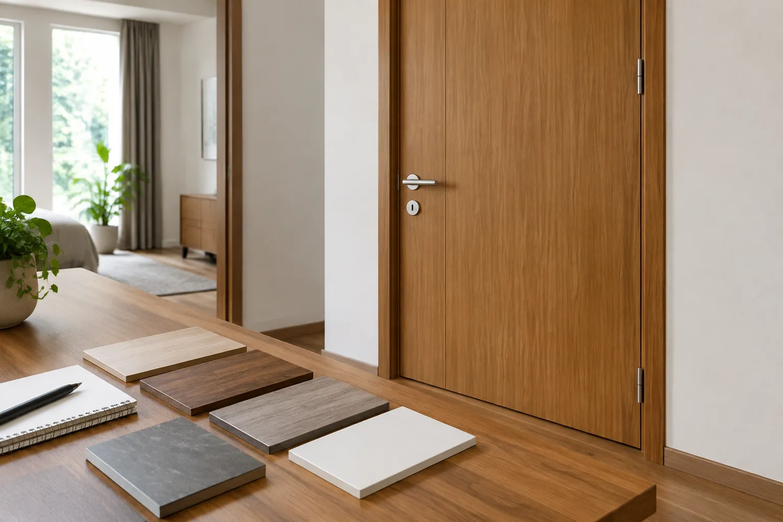Contoh bahan pintu disusun di depan pintu kayu
