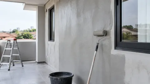 Pekerja melapisi dinding luar di sekitar jendela dengan bahan abu-abu