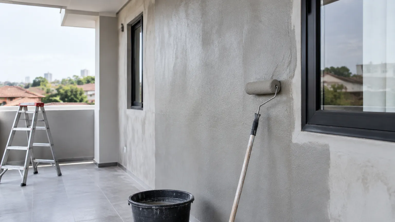 Pekerja melapisi dinding luar di sekitar jendela dengan bahan abu-abu