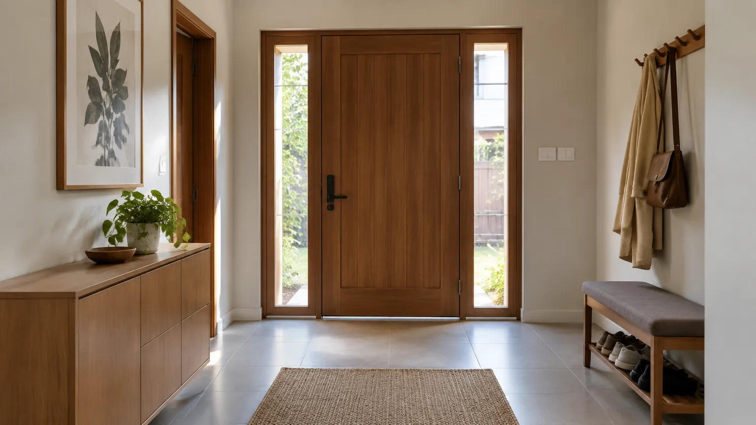 Pintu kayu dan lantai terang pada foyer rumah