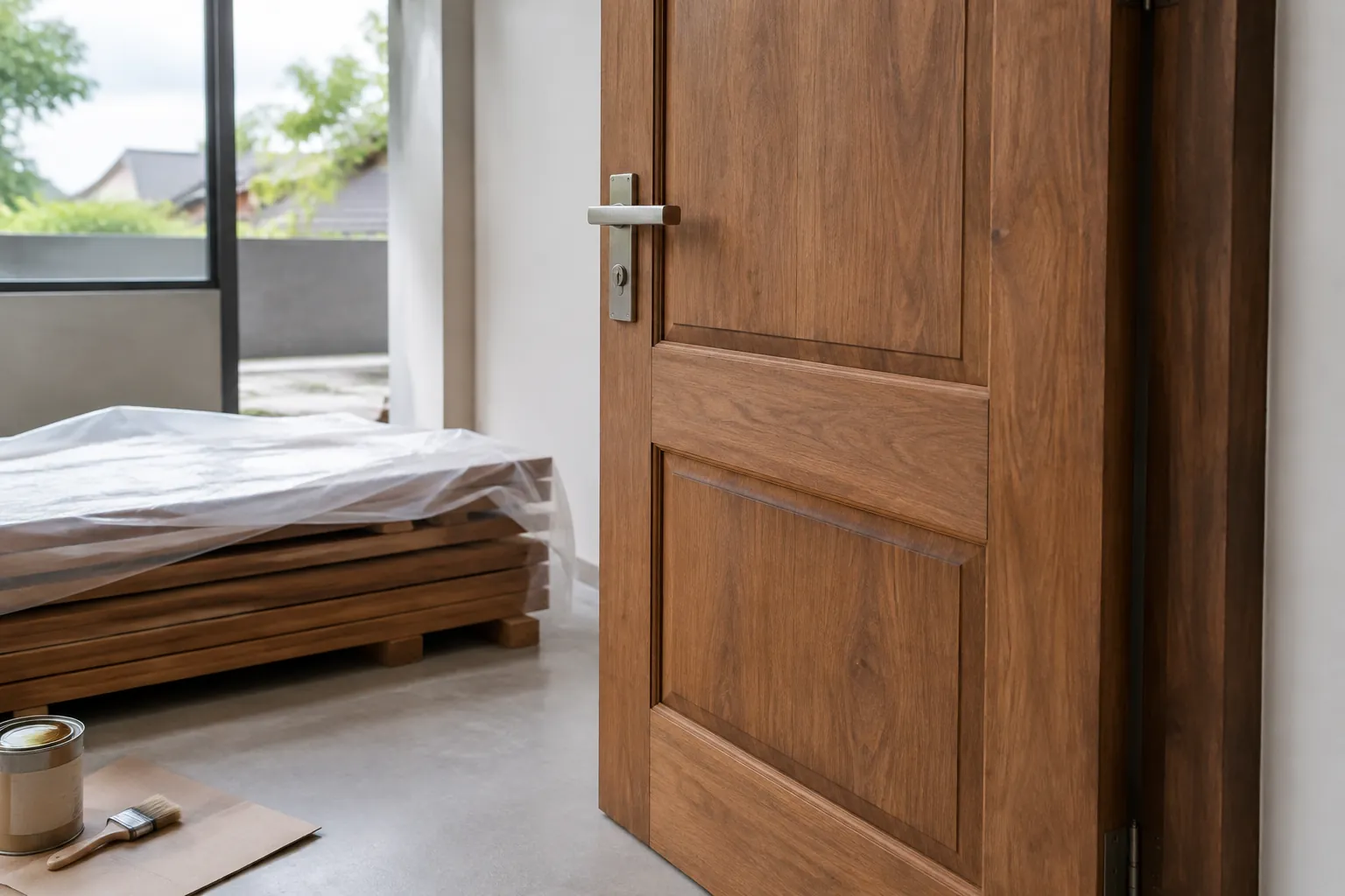 Pintu kayu dengan engsel terlihat pada sisi kusen