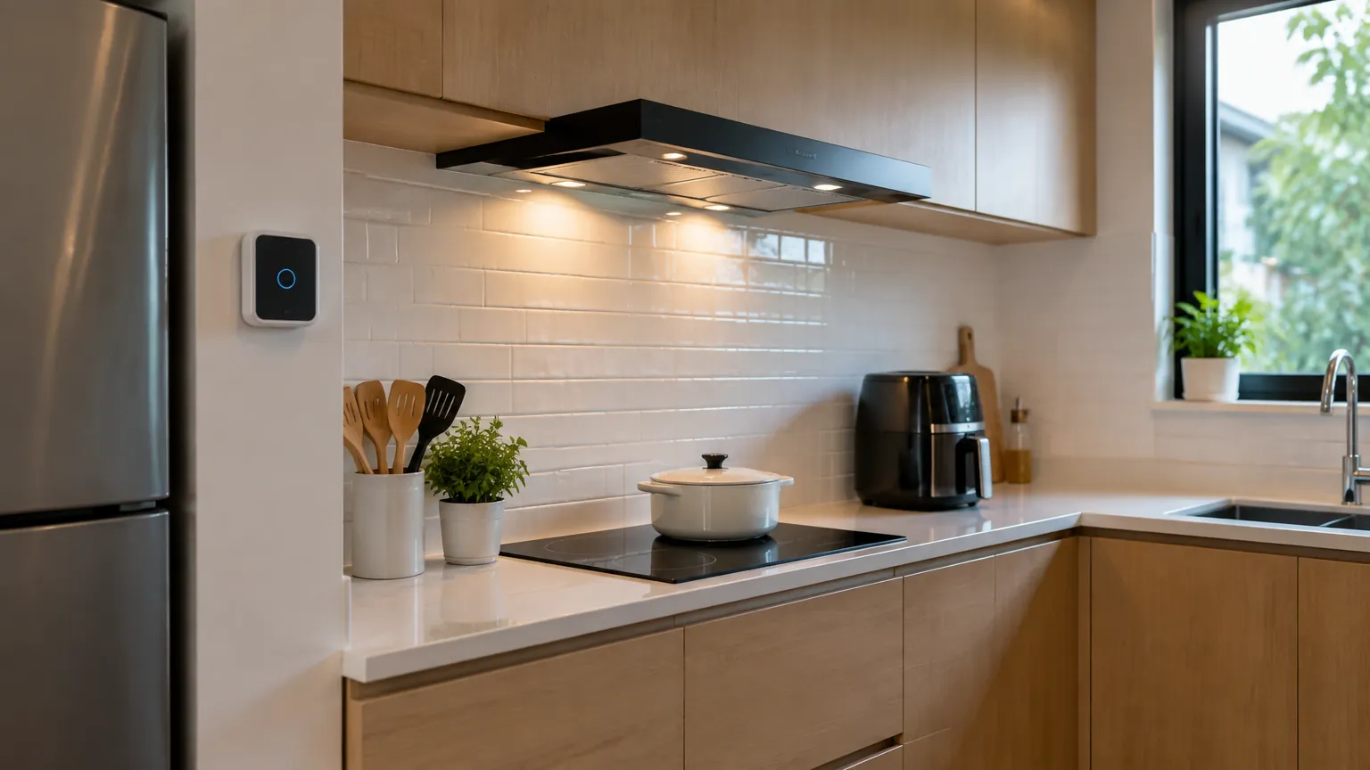 Perangkat kendali dinding kecil berada di dekat area memasak