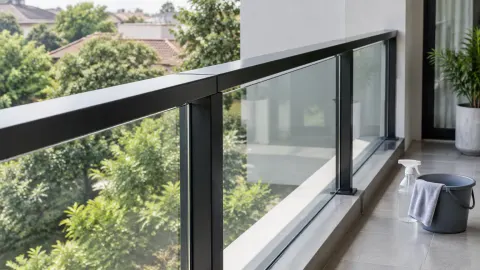 Railing kaca dengan pegangan gelap pada balkon