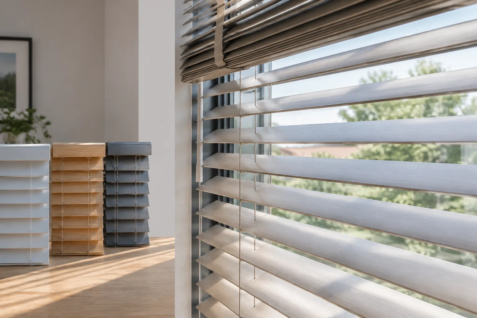 Sampel bahan bilah di dekat venetian blind