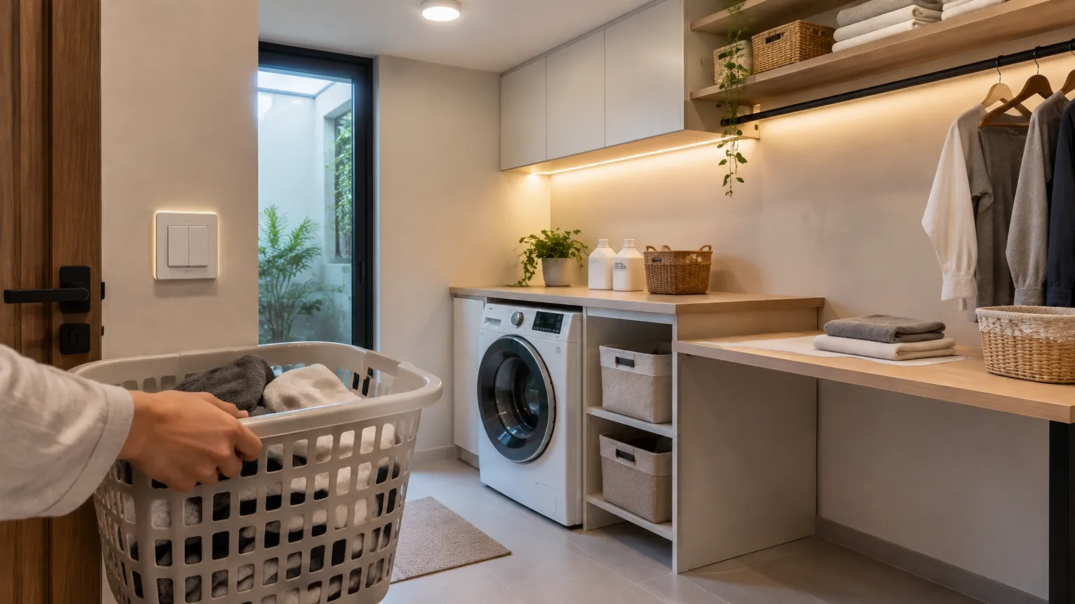 Seseorang membawa keranjang pada ruang laundry yang terang