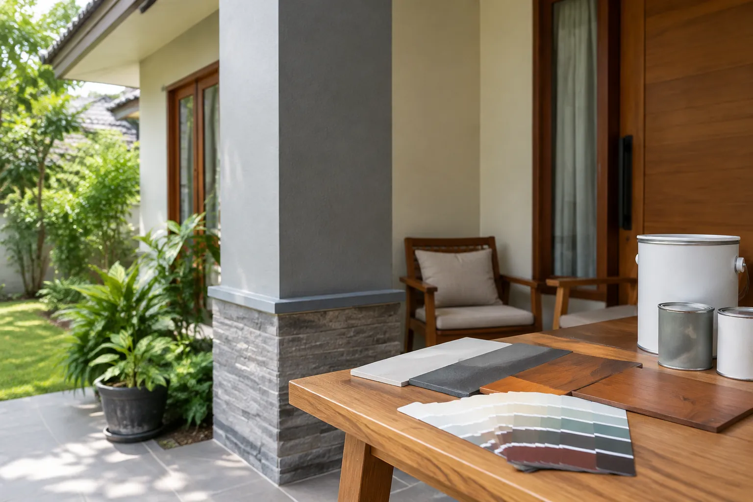 Sampel warna dan finishing di depan kolom teras