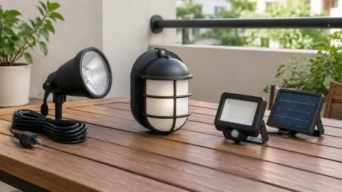 Contoh lampu colok, lampu dinding, serta lampu dengan panel surya diletakkan di meja balkon.