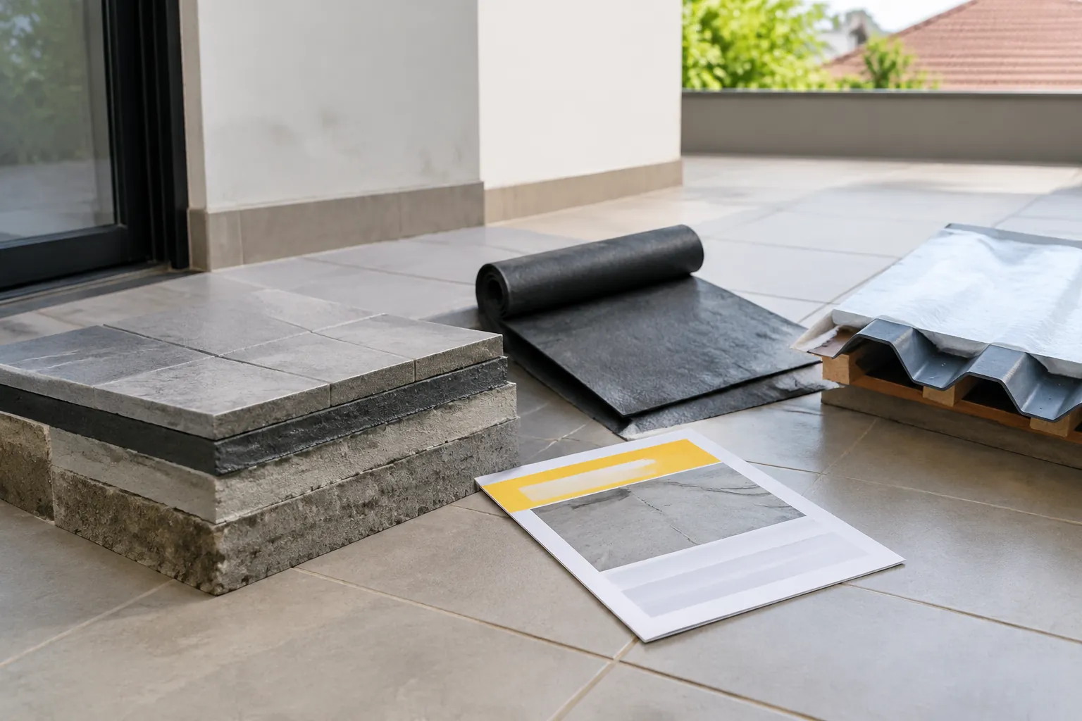 Contoh membran dan lapisan permukaan waterproofing diletakkan di dekat teras