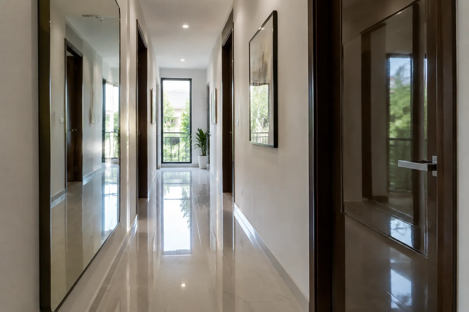 Lorong terang dengan permukaan lantai berkilap