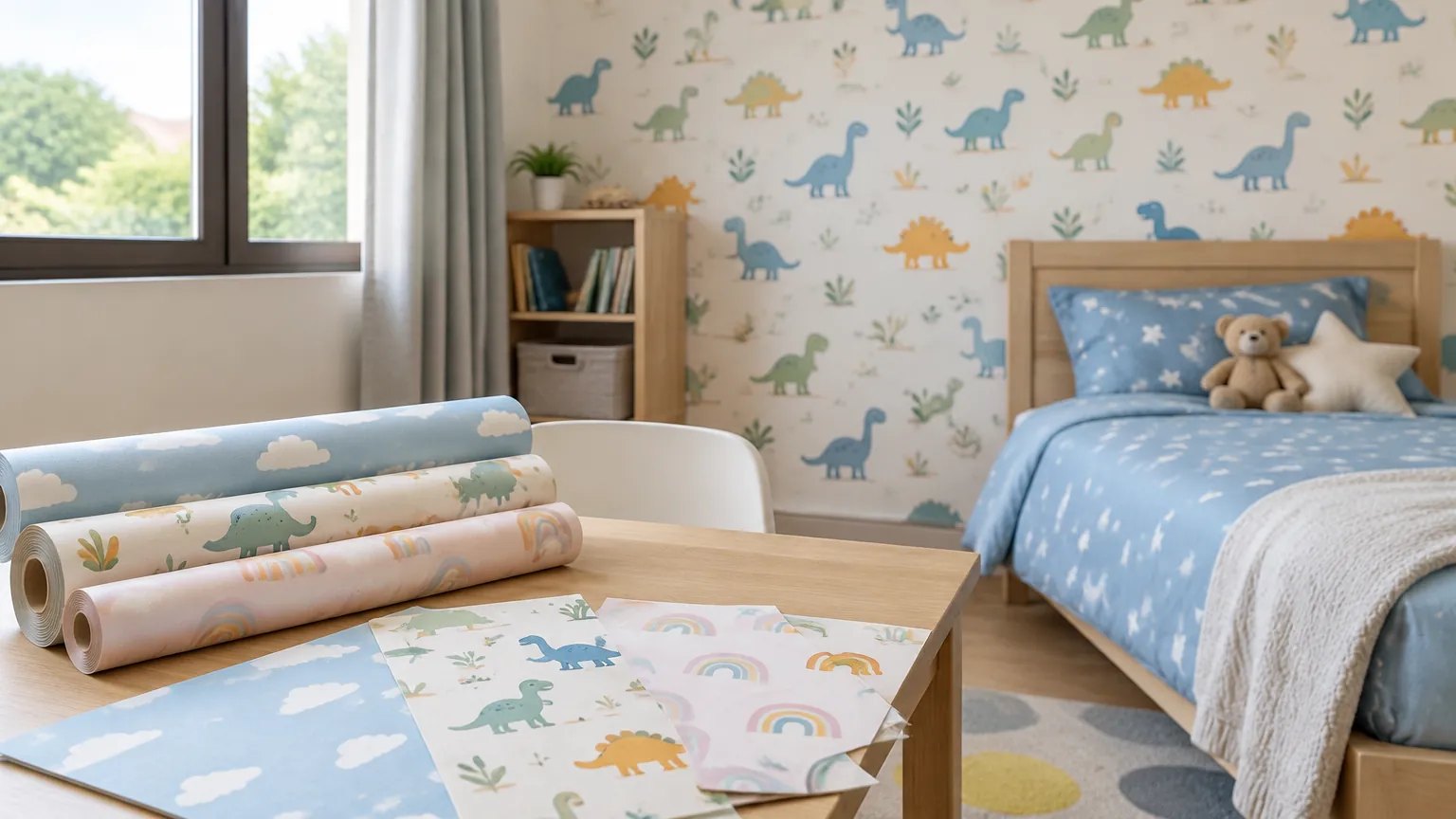 Kamar anak dengan wallpaper bergambar hewan dan gulungan sampel