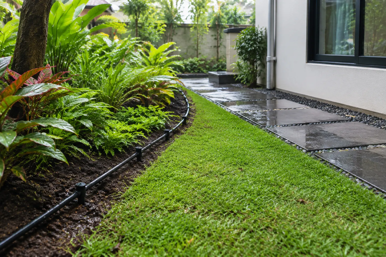 Jalur taman basah setelah hujan di samping area rumput dan tanaman