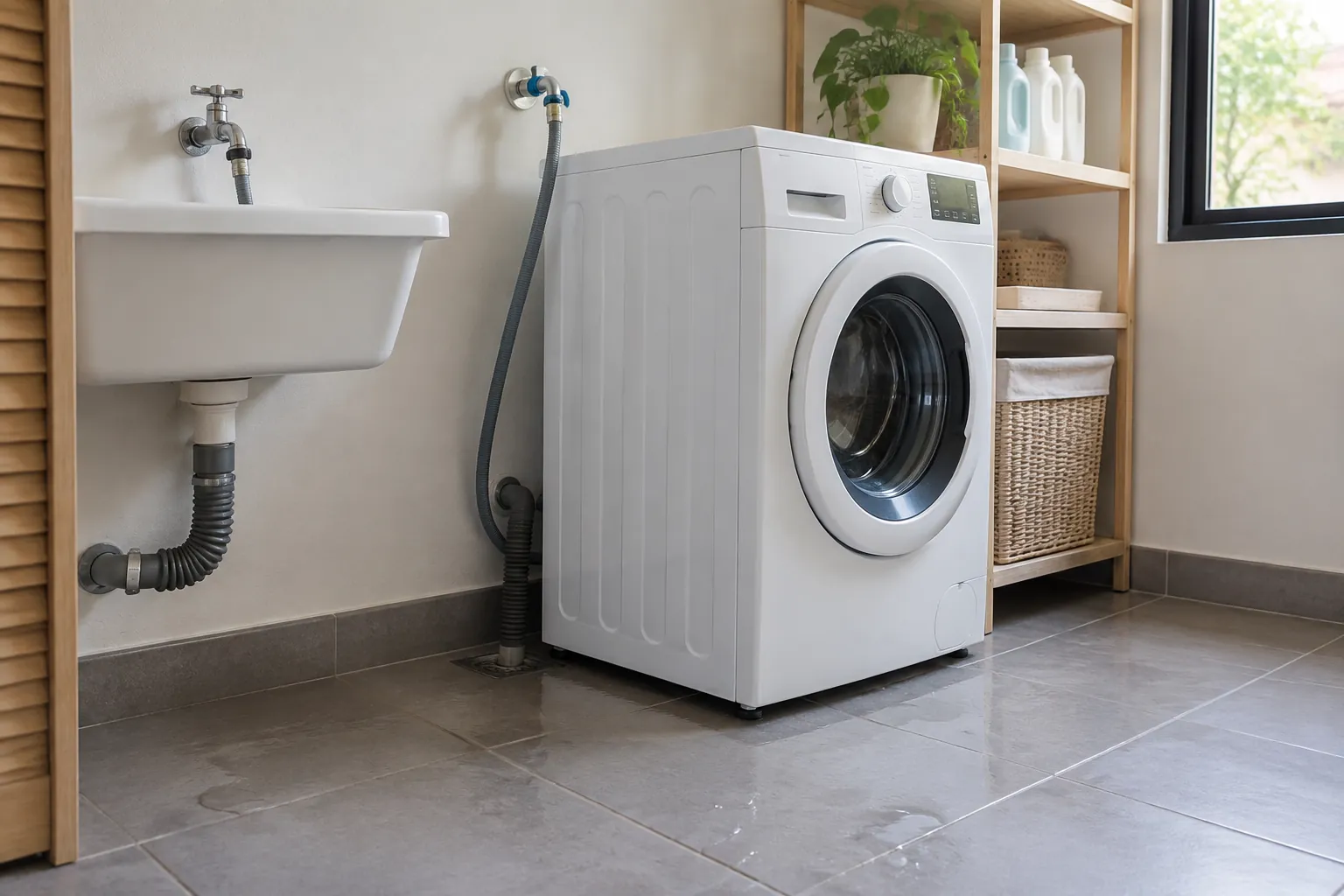Bak cuci dan mesin cuci dengan sambungan pipa pada ruang laundry