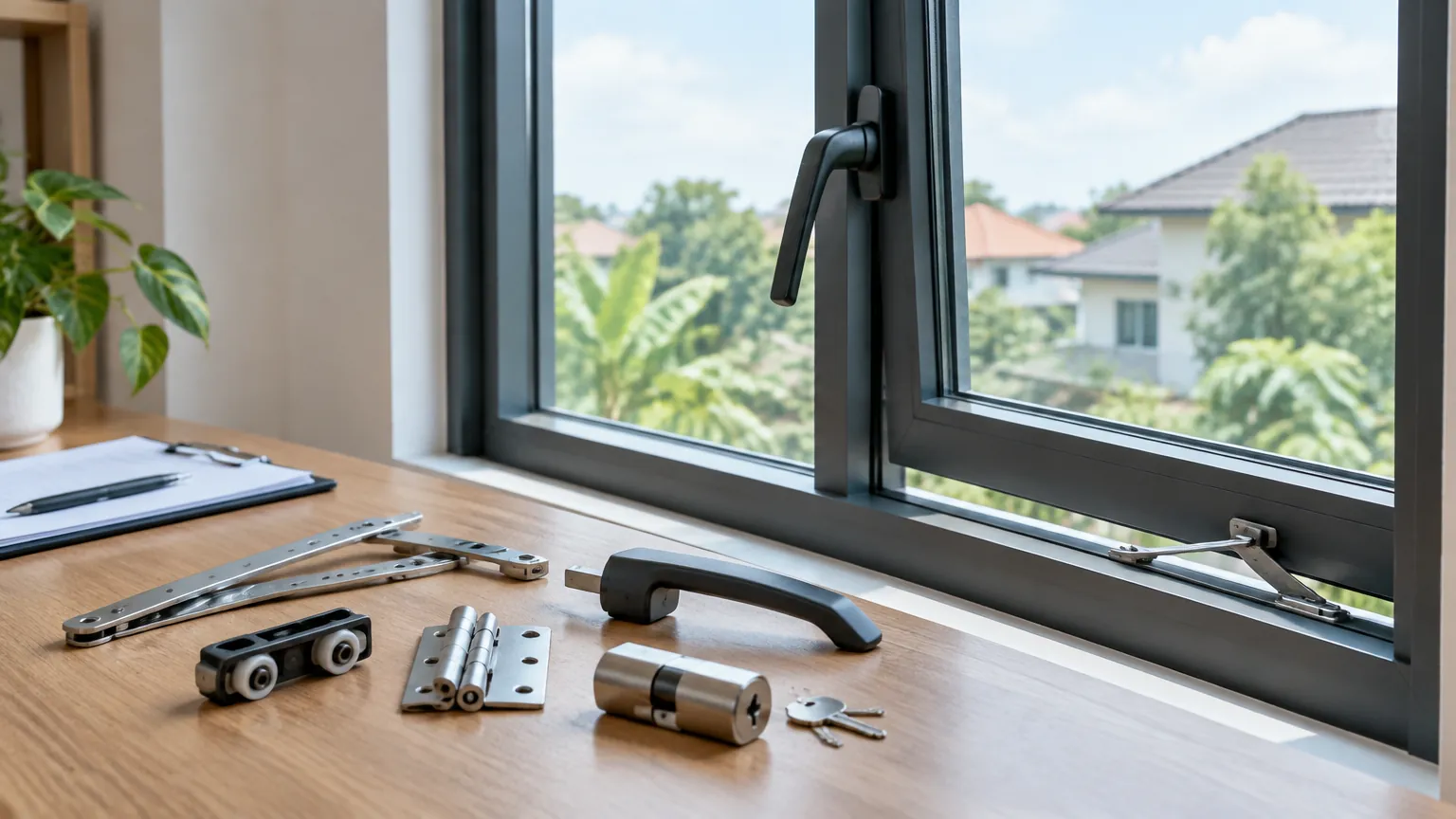 Komponen engsel dan gagang jendela di depan jendela aluminium
