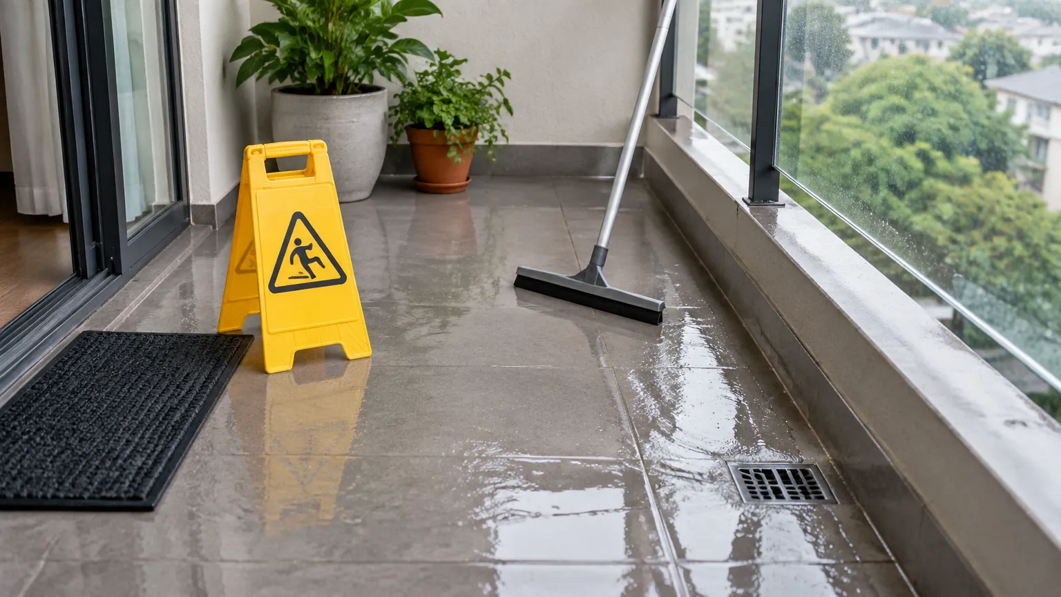 Lantai balkon basah dengan tanda peringatan licin dan alat pembersih