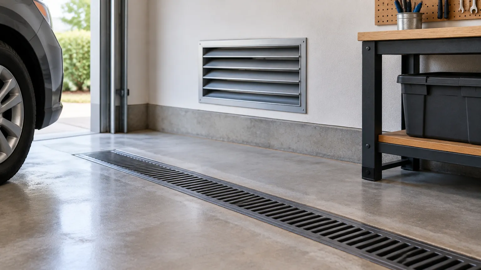 Lantai garasi dengan saluran dan kisi ventilasi