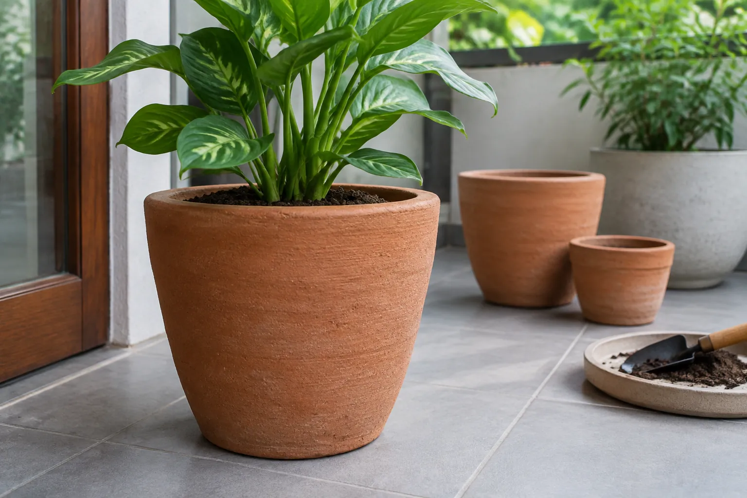 Pot tanah liat dengan tanaman berdaun besar