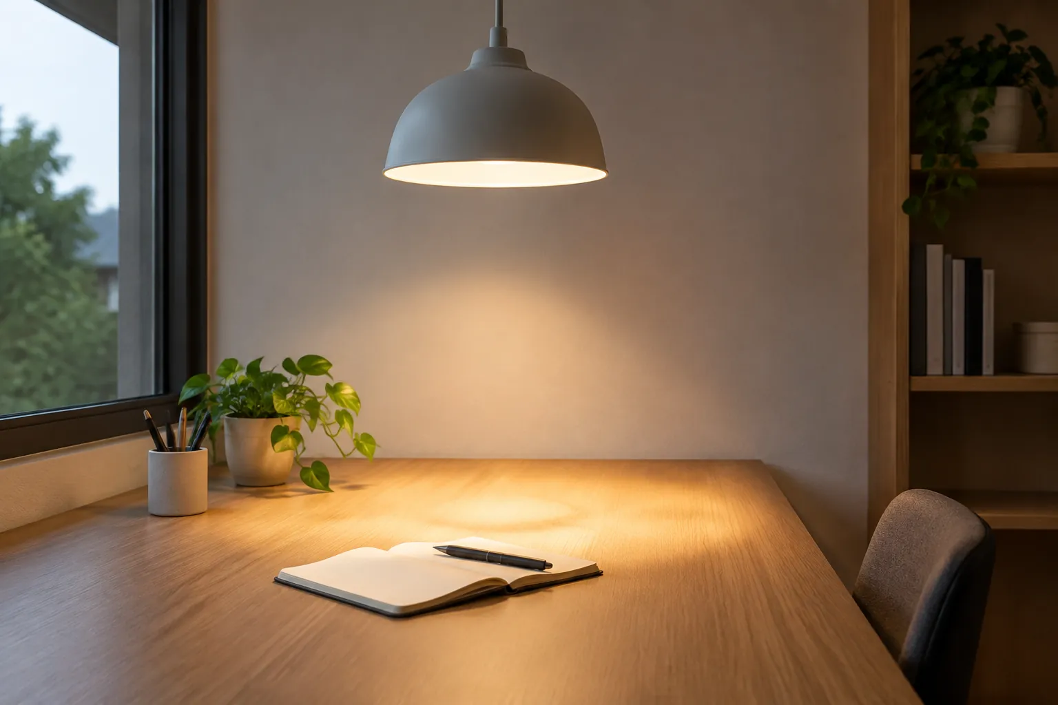 Lampu gantung menyinari meja kerja