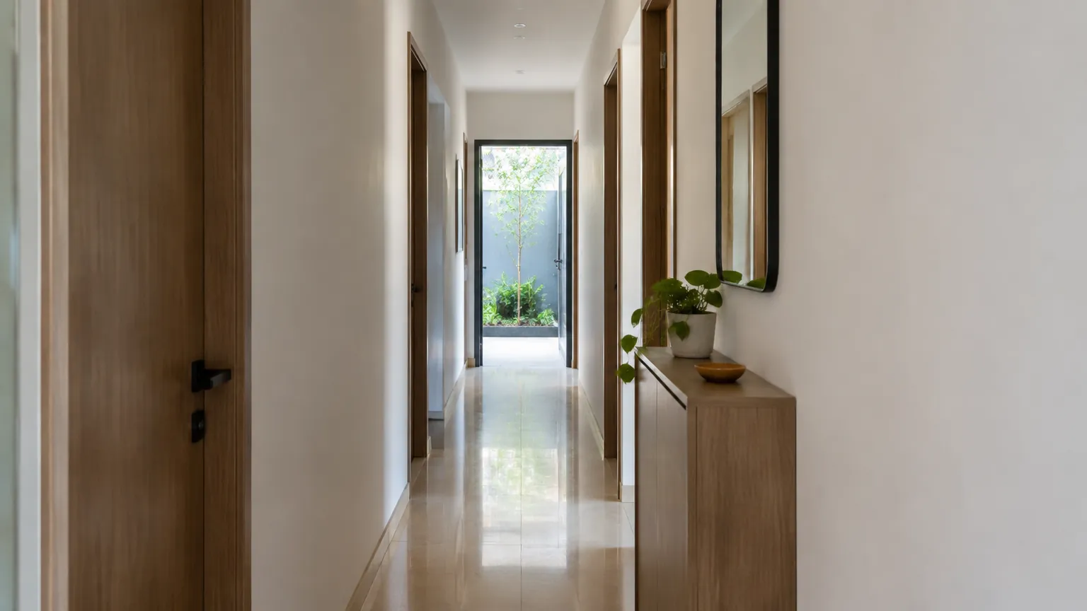 Lorong rumah sempit dengan kabinet rendah dan cermin