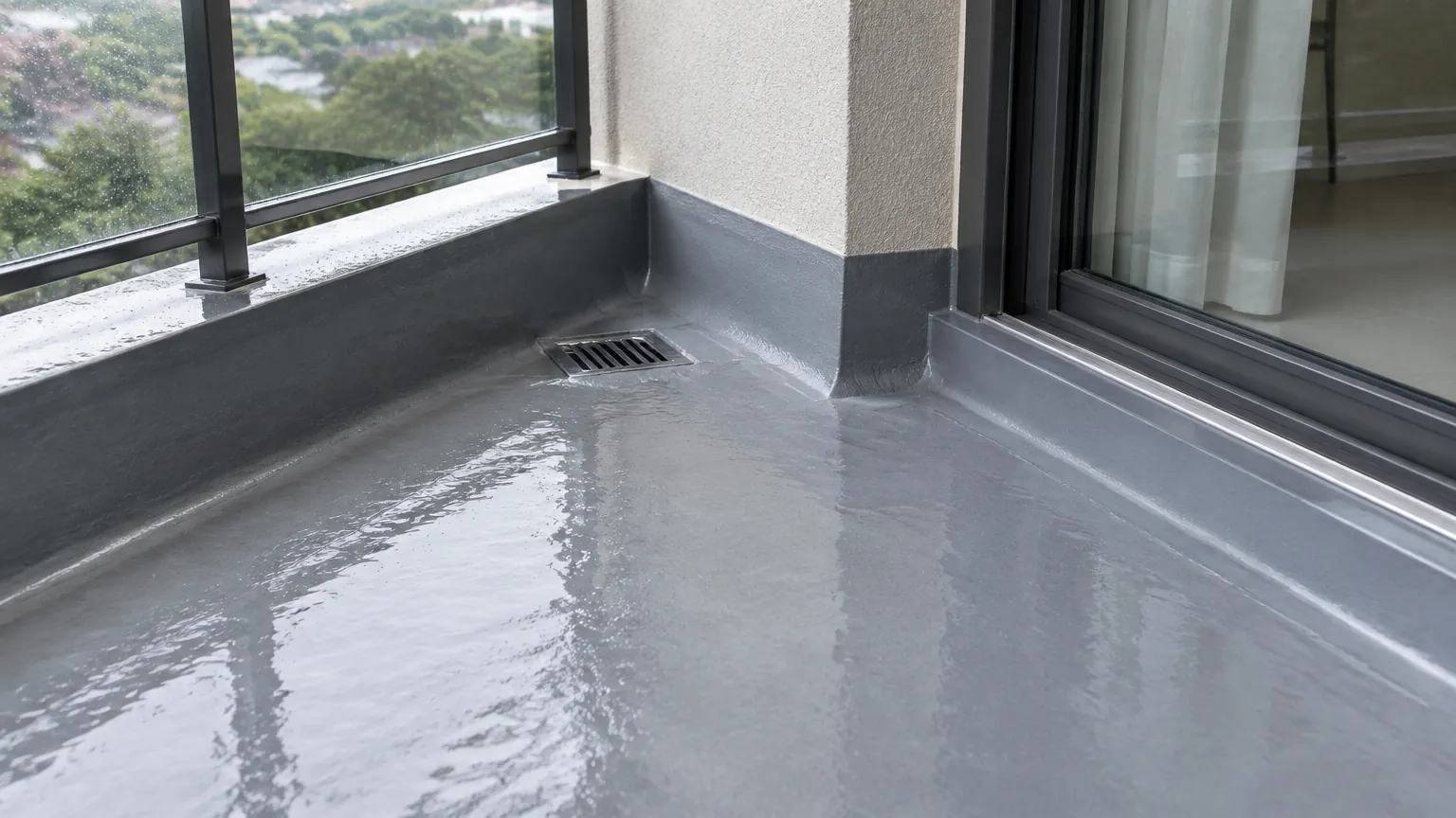 Lapisan abu-abu kedap air pada lantai balkon