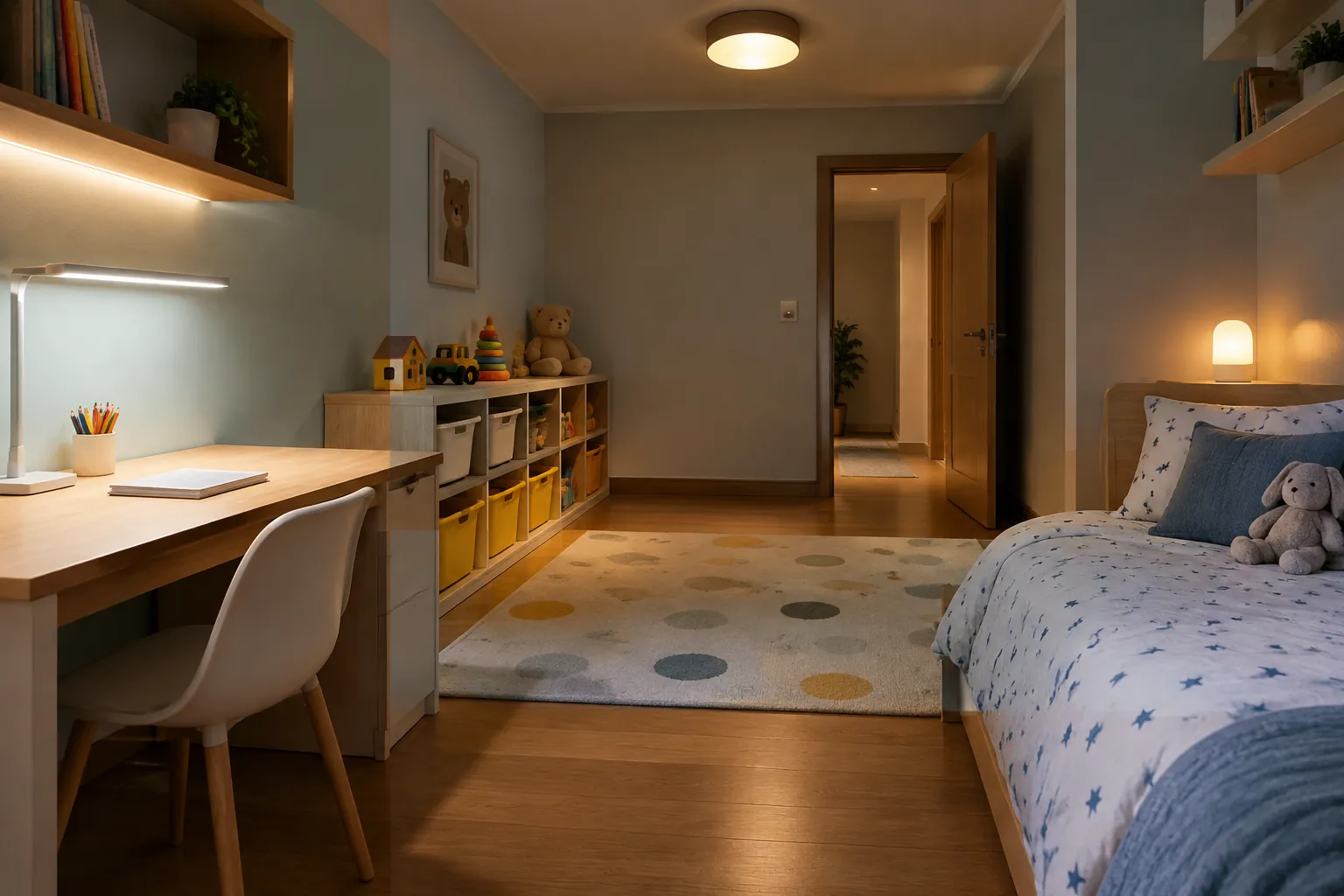 Kamar anak dengan area tidur dan meja belajar yang menyala