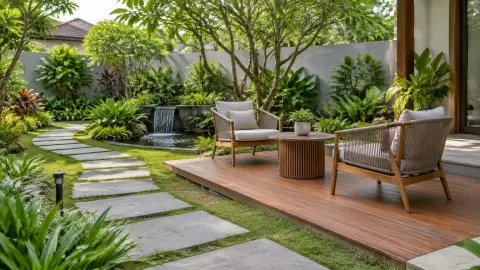 Area duduk kayu di tengah taman