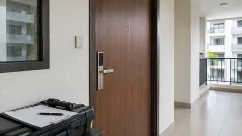 Pintu masuk apartemen kayu dengan gagang logam dan kotak peralatan
