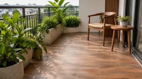 Lantai bernuansa kayu pada balkon dengan kursi dan tanaman