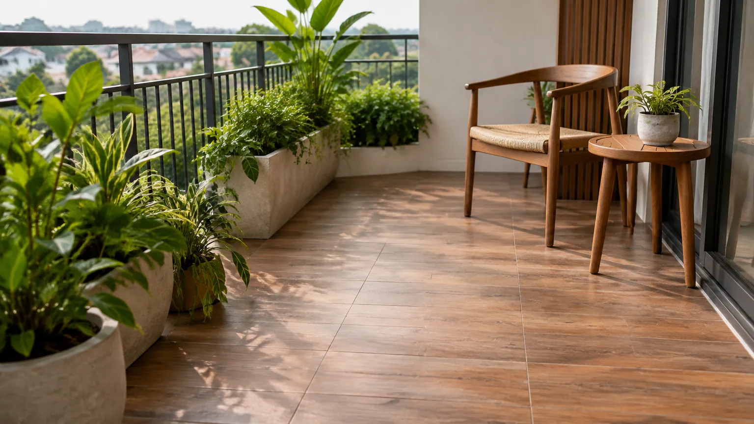 Lantai bernuansa kayu pada balkon dengan kursi dan tanaman