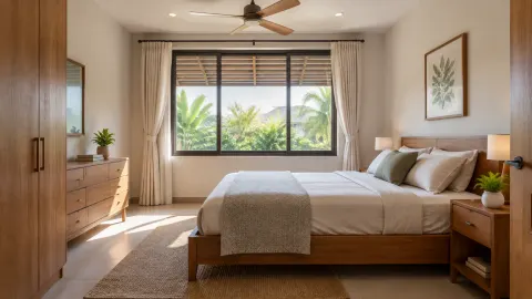 Kamar tidur dengan jendela, kipas plafon, lemari kayu dan tempat tidur.